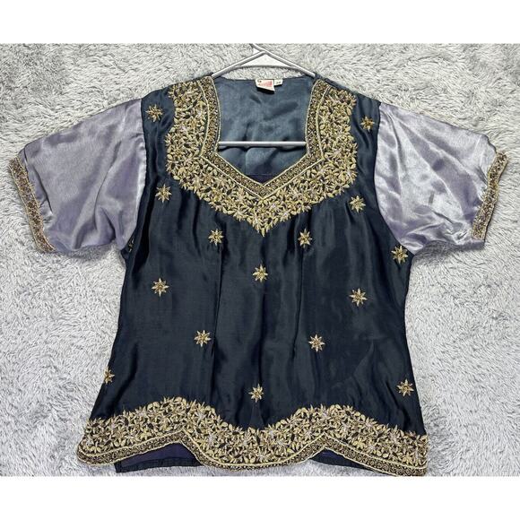 Preeti Womens Top Blouse Beaded Embroidered Medium Black Gold Silver India *Read - Picture 1 of 10